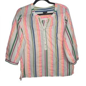 TALBOTS Women’s Bright Neon Striped Popover Shirt Blouse Size Large Petite